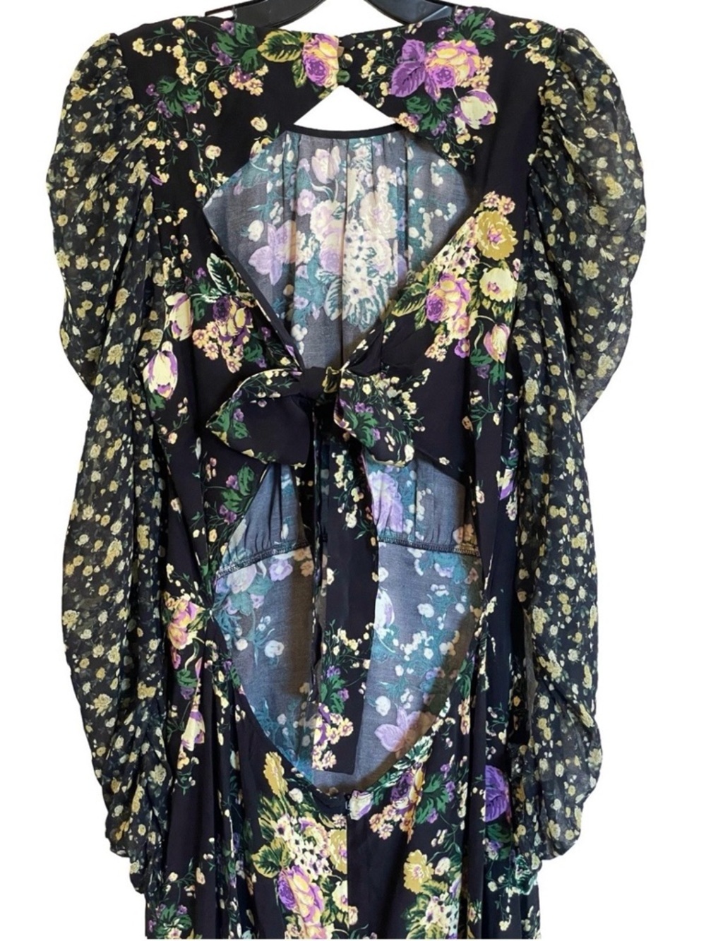 For Love & Lemons Ross Midi Dress Black Floral Open Back Slit L - Picture 7 of 12